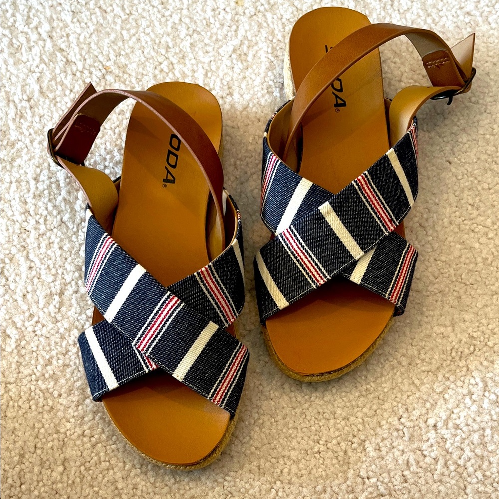 Soda Striped Sandals - Navy, White, Red, Brown